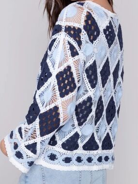 Charlie B Crochet Long Sleeve Boat Neck Top, Blue White Crochet Sweater Vaca M/L